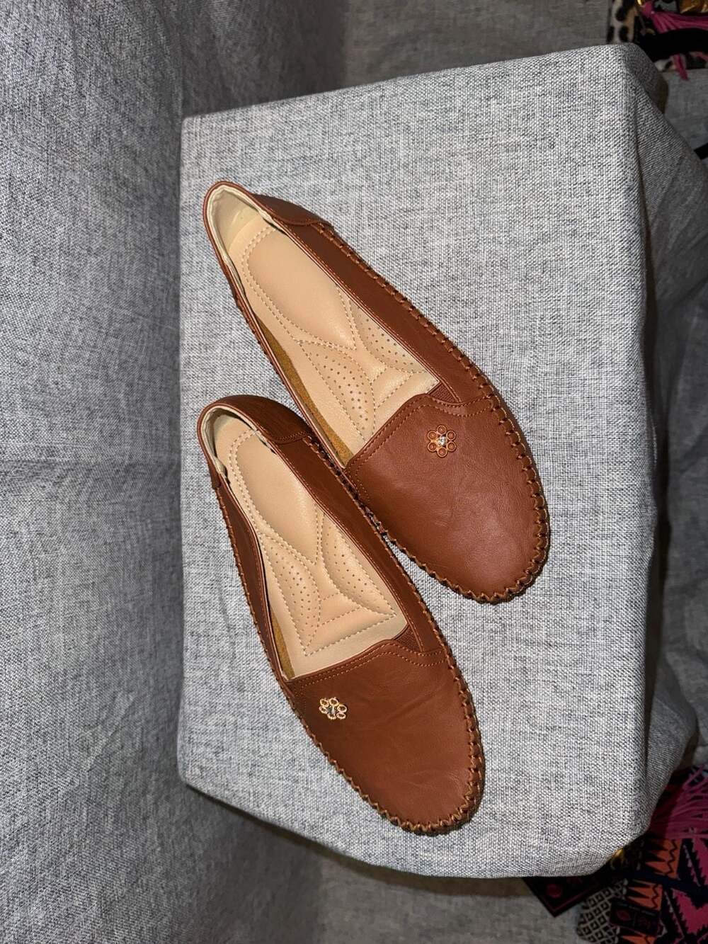 Women's Comfortable Brown Faux Leather Slip-On Loafers with Floral Stitching